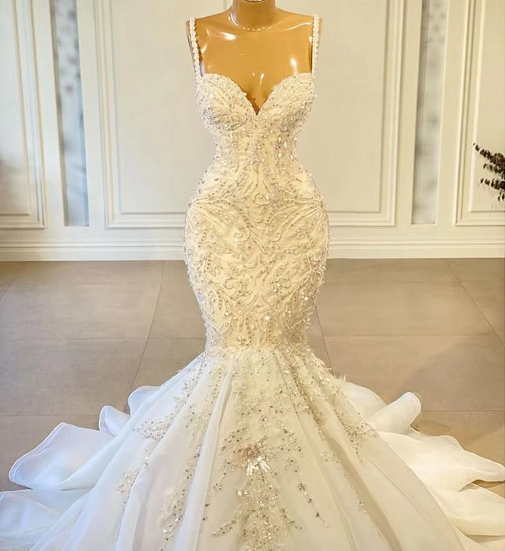 Luxury Mermaid African Women Wedding Dresses Beaded Embroidery Sexy White Vintage Lace Organza Bridal Wedding Gown