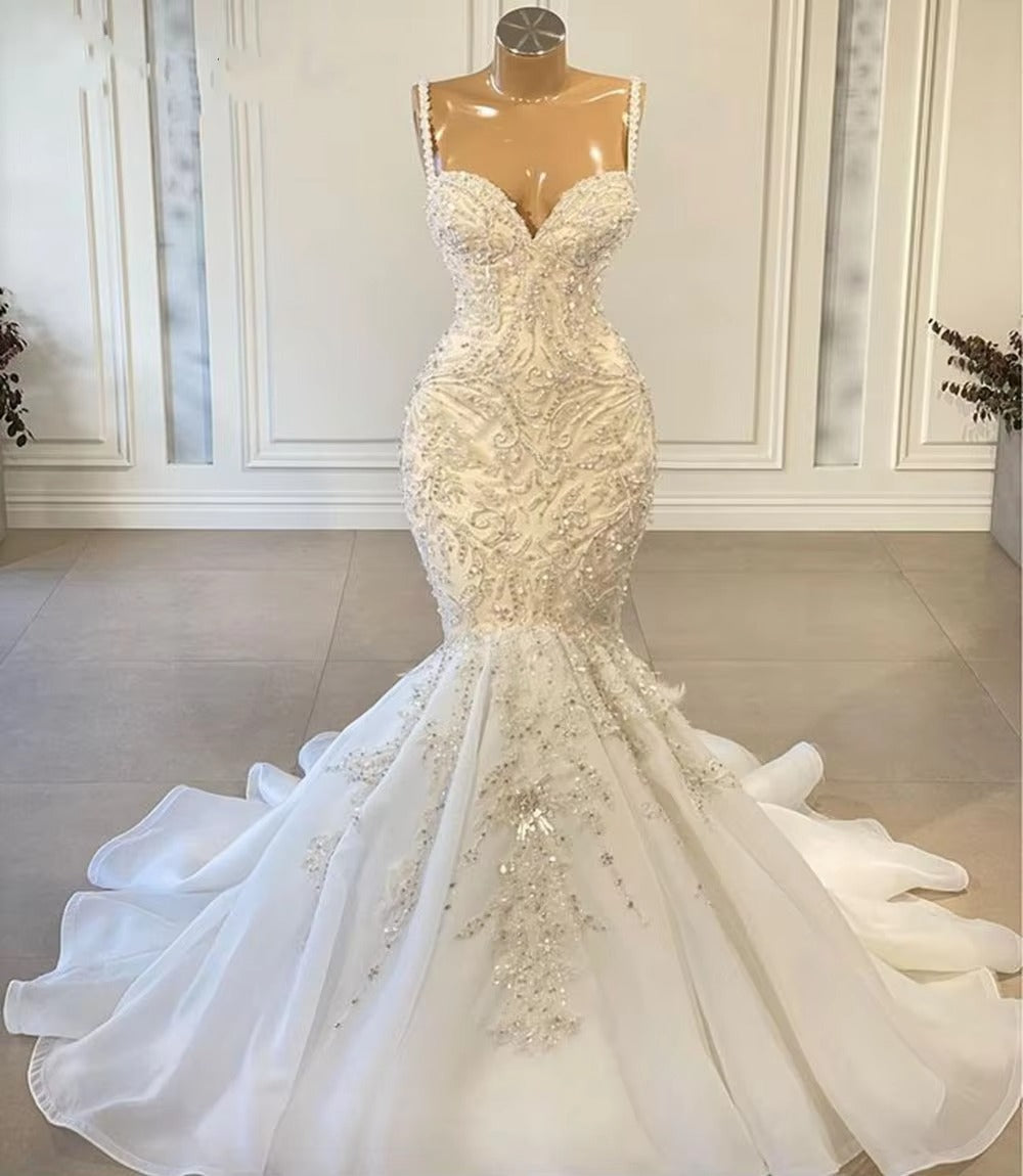 Luxury Mermaid African Women Wedding Dresses Beaded Embroidery Sexy White Vintage Lace Organza Bridal Wedding Gown