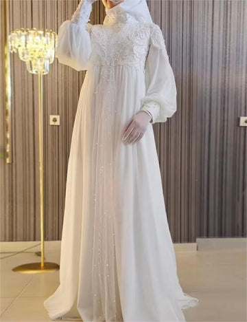 Vestidos De Novia Dubai Muslim Hijab Wedding Dress for Bride Long Sleeve France Lace Pearls Beaded Bespoke Bridal Gowns