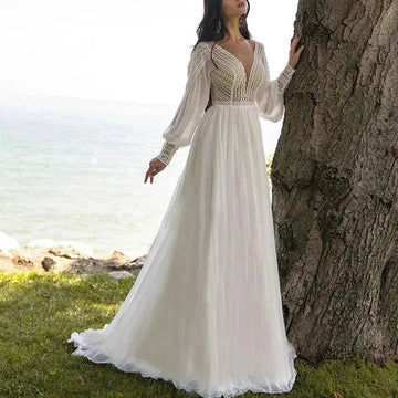 Hot Selling Styles Elegant Bohomia A-line Wedding Dress Sweep Train V-neck Puffy Sleeve Beach Bridal Gowns Vestido De Novia