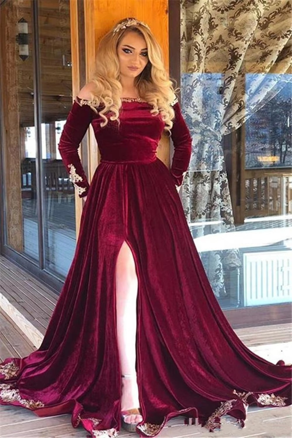 Burgundy Evening Dresses with Full Sleeve Kaftan Velvet Gold Lace Dubai Arabic Off Shoulder Celebrity Gowns High Split