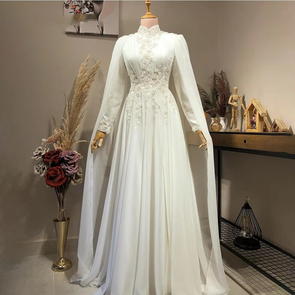 Elegant Long Sleeve Muslim Wedding Dress for Bride High Neck Islamic Hijab Bridal Gowns with Cape Arabic Robe De Mariée