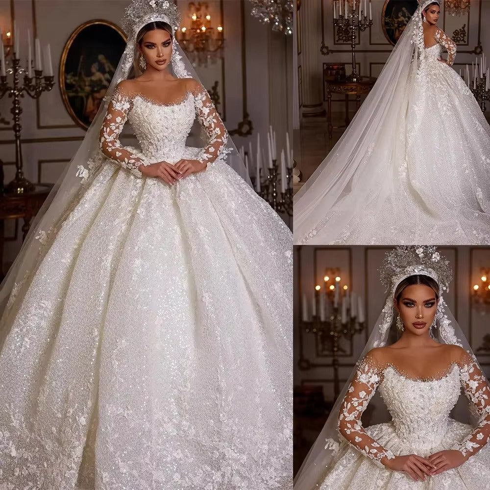 Princess Wedding Dresses Vintage Lace Up Ball Gowns Beading Bridal Shinny Tulle Long Sleeves Elegant Luxury Marriage Dress