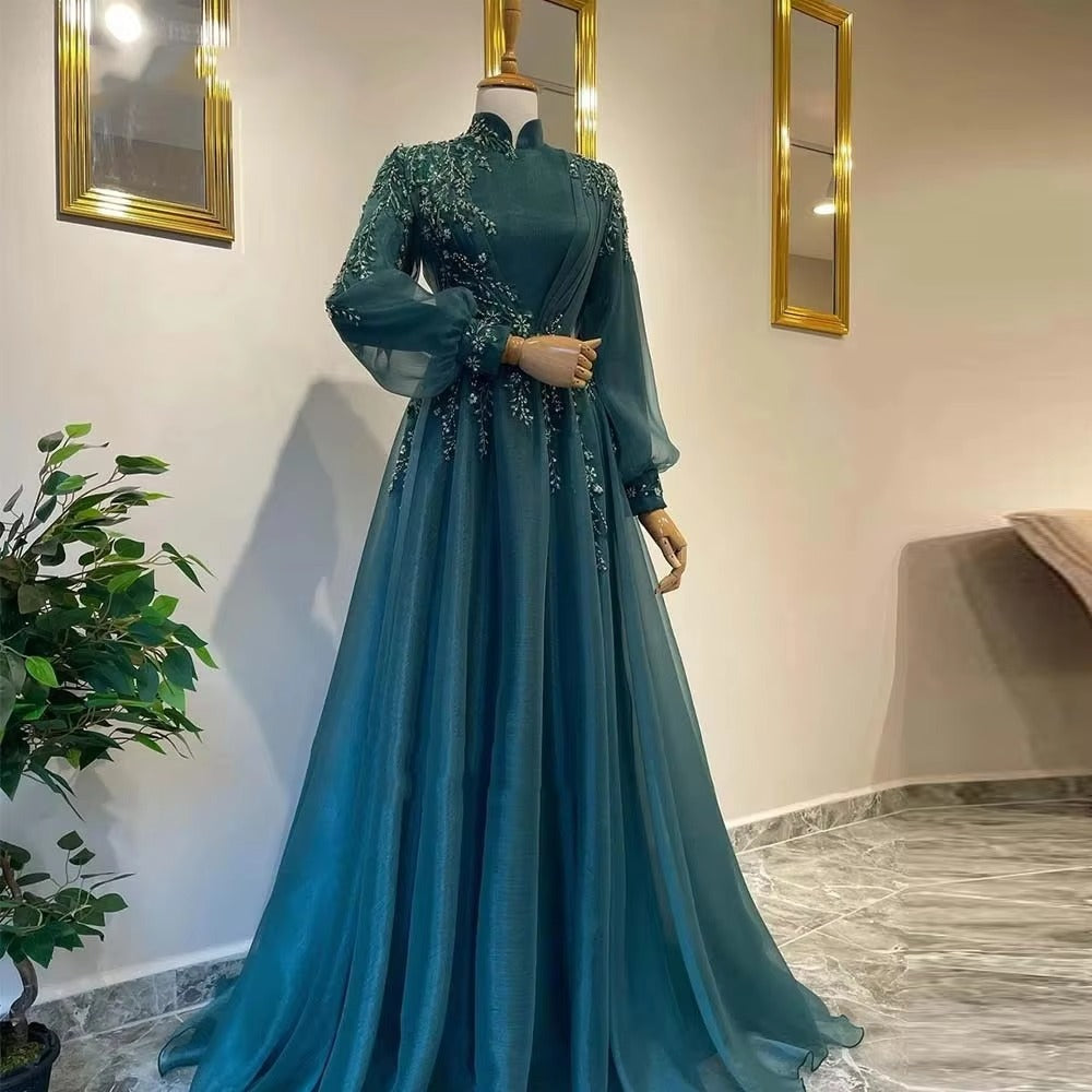 Elegant Teal Long Sleeve Muslim Formal Dresses A Line Tulle Lace Beaded Arabic Prom Evening Gowns for Women Robe De Mariée