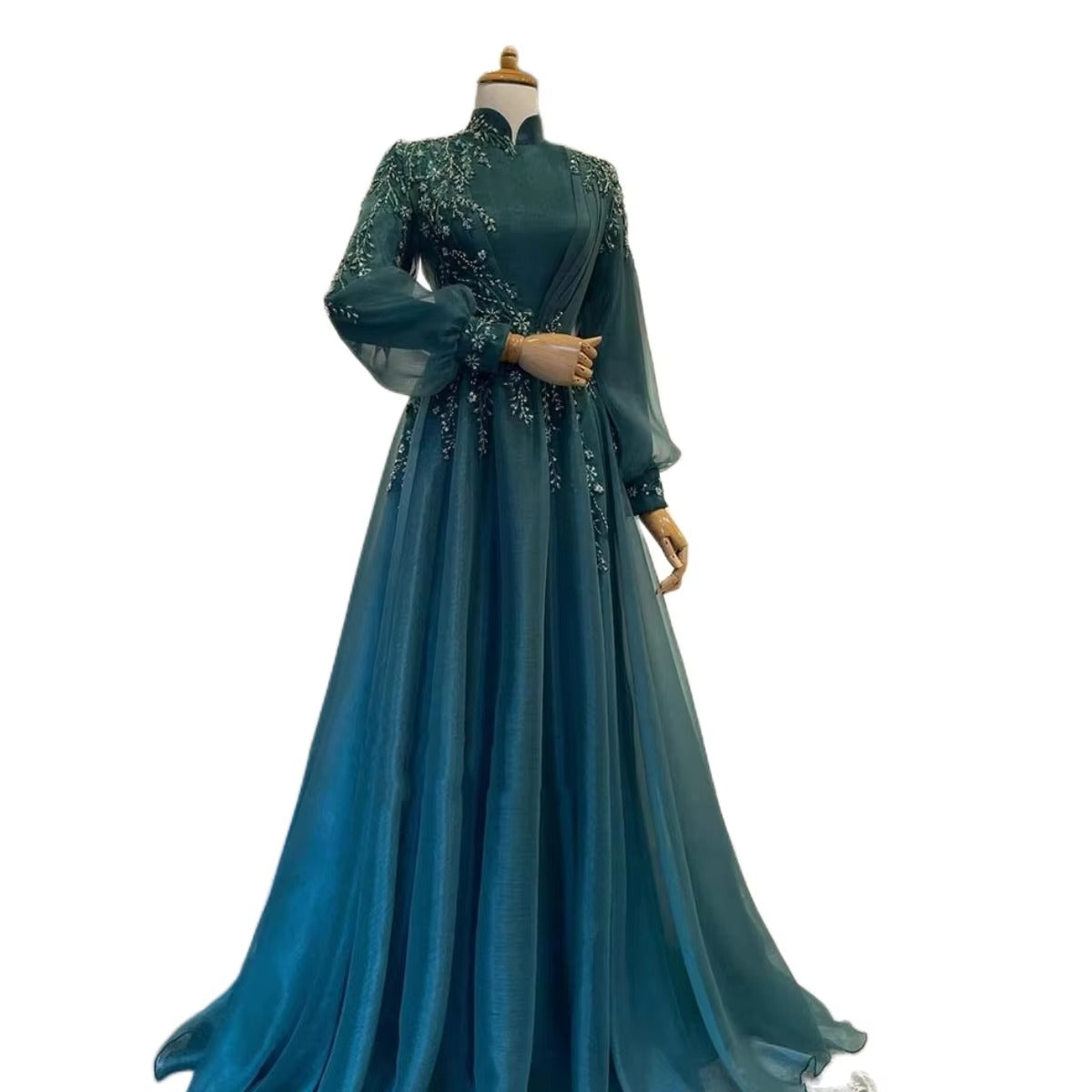 Elegant Teal Long Sleeve Muslim Formal Dresses A Line Tulle Lace Beaded Arabic Prom Evening Gowns for Women Robe De Mariée