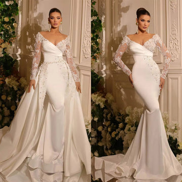 Beautiful A Line Wedding Dresses Gorgeous Satin Deep V-neck Lace Appliques Slimming Beautiful Mopping Beach Bridal Gown