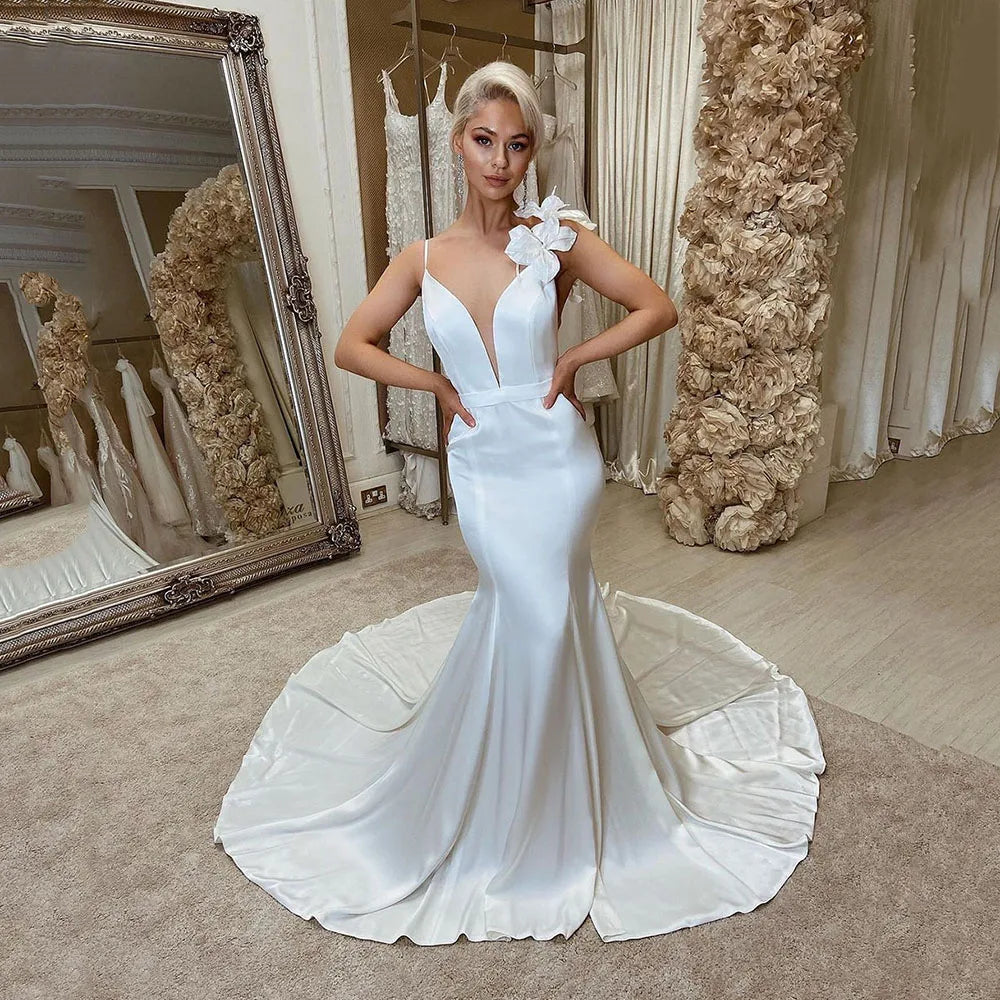 SoDigne Elegant Mermaid Wedding Dresses For Brides Deep V Neck Bride Dress Train 3D Flower Backless Bridal Wedding Gown