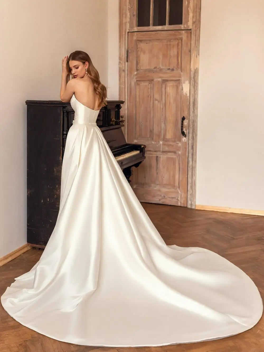 Sexy Satin Off Shoulder Wedding Dresses With Detachable Train Sweetheart A-Line White/Ivory Bridal Gowns vestidos de novia 24W