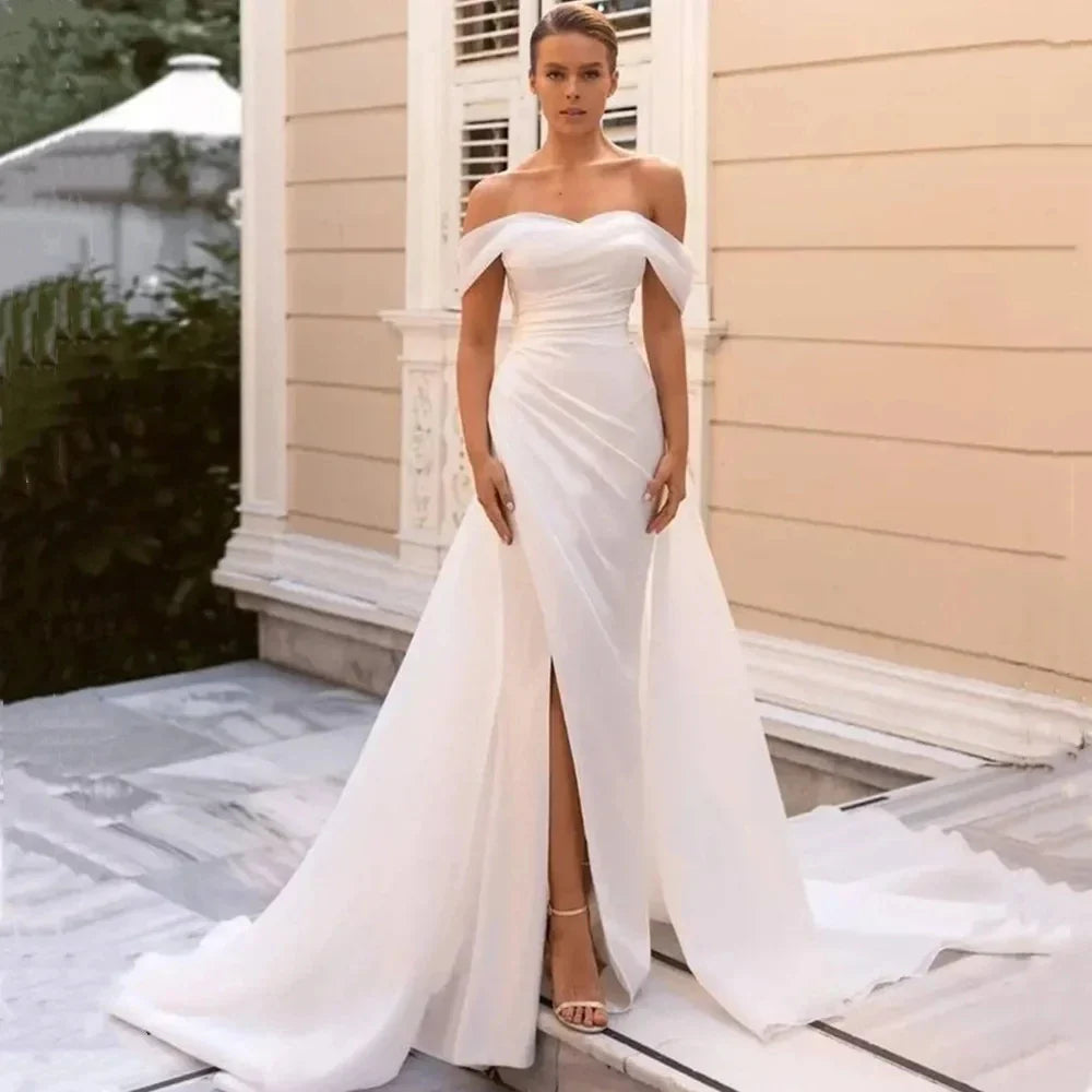 Off The Shoulder Wedding Dresses With Side Split Pleats Sexy Mermaid Bride Gowns Backless Customize To Measures Robe De Mariee Ivory