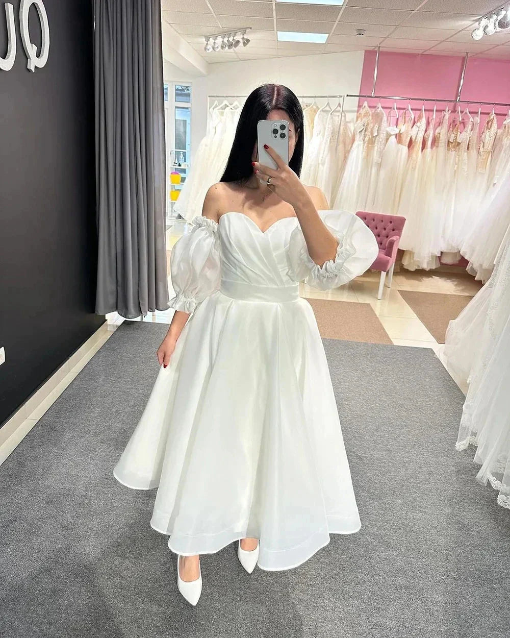 Short Wedding Gown Sweetheart Pleats Detachable Puff Sleeve Organza Bride Dresses SiFor Women Elegant Customize To Measures