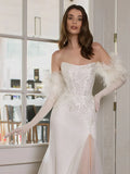 Sexy Strapless Backless Wedding Dress Sparkly Sequins Bride Robe Graceful Tulle Feathers Long Bridal Gown Robe De Mariée