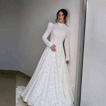 Haohao Modest High Neck Full Lace A Line Wedding Dresses Long Sleeves High Neck Buttons Country Church Vintage Bridal Gowns