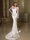 Elegant Pearls Lace Wedding Dress Luxury Satin Mermaid Bride Robe Appliques Floor-length Bridal Dresses Vestidos De Novia