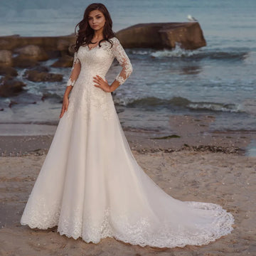 Long Wedding Dress Eleagnt Long Sleeves V Neck Lace Appliques A Line Tulle Sweep Train Bridal For Women Robe De Mariee Summer 22W