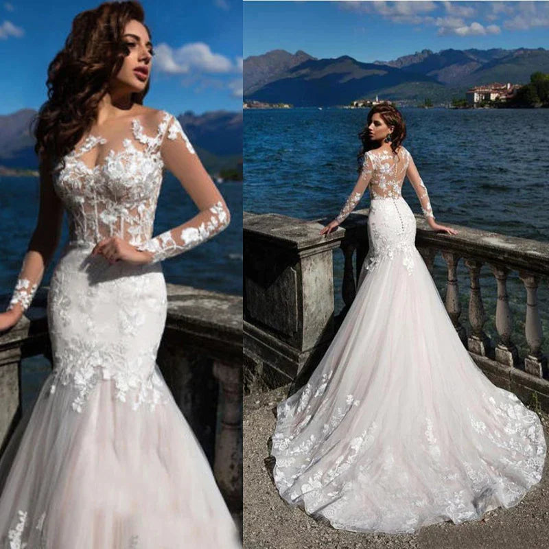 Long Sleeves Mermaid Wedding Dresses Lace Applique Scoop Neck Bridal Gowns Sweep Train Vestidos De Novia Custom 14W