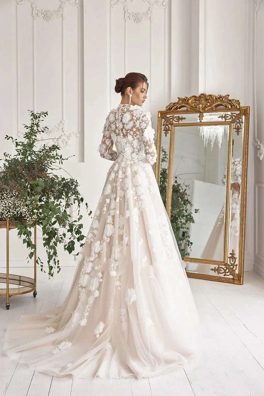 Exquisite Wedding Dresses Elegant Bridal Gowns Lace Appliques High Neck Long Sleeves Robes For Bride A-Line Vestidos De Novia 14W