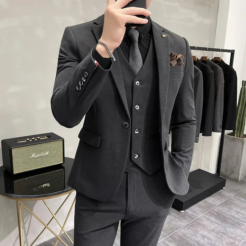 ( Jacket + Vest + Pants ) High-end Brand Boutique Fashion Solid Color Mens Casual Business Suit 3Piece Set Groom Wedding Dress Dark Gray