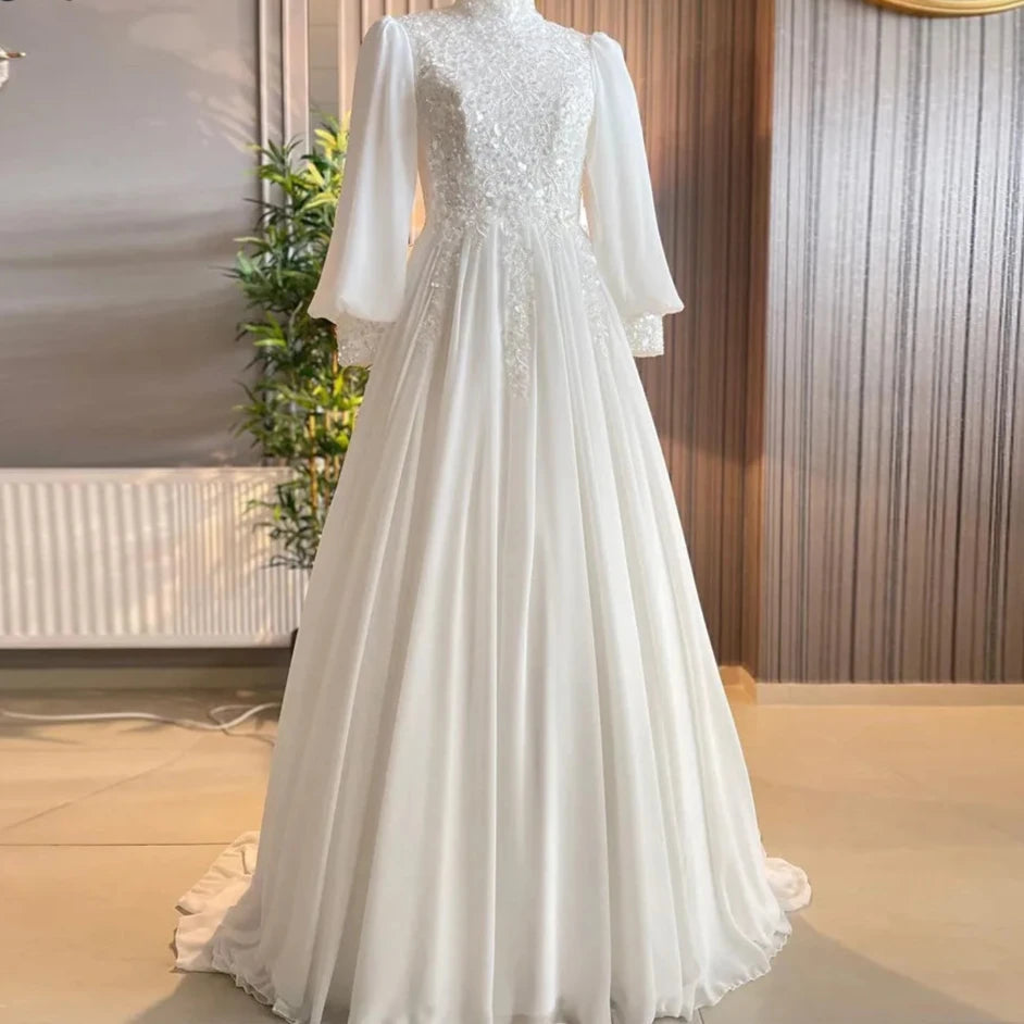 Elegant A-line Chiffon Muslim Wedding Dress Bride Full Sleeves Ivory Bridal Gowns Lace Beading France Robe De Mariée Ivory