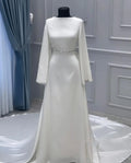 Elegant Long Sleeve Muslim Wedding Dress Bride Satin Beaded Pearls Ivory Bridal Gowns High Neck Robe De Mariée Ivory