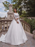 Simple Satin A Line Wedding Dress Boat Neck Full Sleeve Long Dresses Vintage Button Beading Elegant Gowns Dress Custom Made