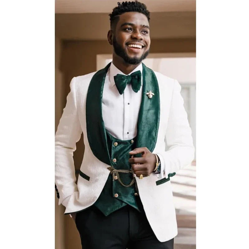 3 Pieces Groom Tuxedo for Wedding African Slim Fit Men Suits White Floral Pattern Jacket Green Velvet Vest with Black Pants 2024