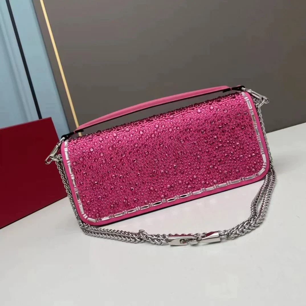 Designer's trendy luxury crystal diamond metal high-tech multi-functional shoulder slung handbag Hot Pink