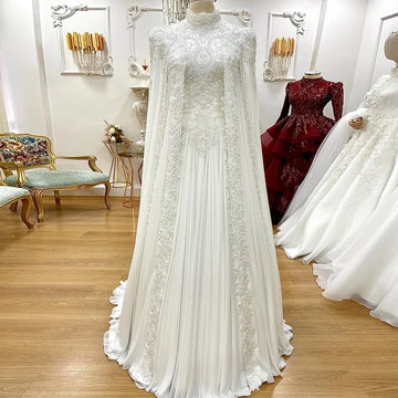 Arabic Dubai High Neck Long Sleeve Wedding Dress Women Elegant Luxury Bridal Dresses with Cape Islamic Hijab Lace Beaded White