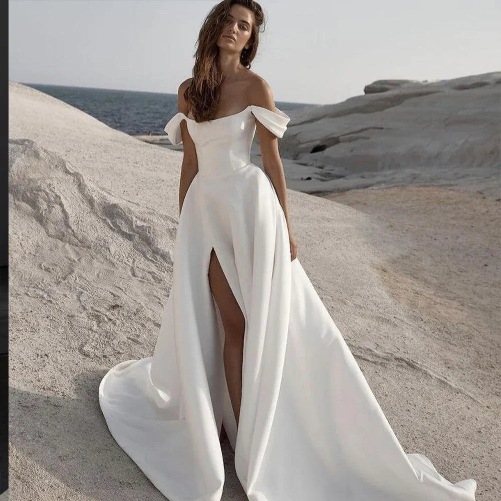 Simple Mermaid Wedding Dress Side Slit Off The Shoulder White Satin Bridal Gowns For Women Custom Made Sexy Civil Robe De Mariee