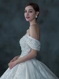 PERFECT Wedding Dress Boat Neck Lace Sequins Applique Crystal Off Shoulder Court Train Ball Gown Princess Bridal Gowns New