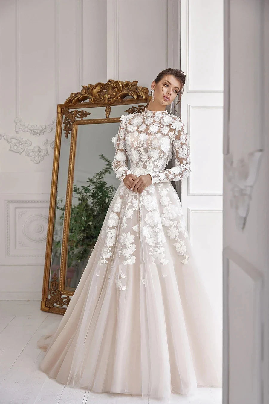 Exquisite Wedding Dresses Elegant Bridal Gowns Lace Appliques High Neck Long Sleeves Robes For Bride A-Line Vestidos De Novia