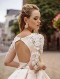 Simple Satin Bridal Dresses Sexy Backless Round Neck Princess Wedding Gowns A-Line Lace Applique Long Sleeve Formal Beach Party