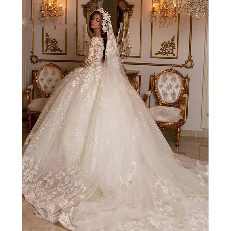 Vintage Lace Wedding Dresses Princess Ball Gowns Beading Bridal Shinny Tulle Long Sleeves Elegant Luxury Marriage Dress 14W