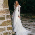 Ramanda Elegant Long Sleeves Vintage V Neck A-Line Wedding Dress For Bride Backless Tulle Bridal Gown Vestido De Novia White