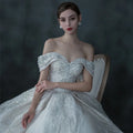 PERFECT Wedding Dress Boat Neck Lace Sequins Applique Crystal Off Shoulder Court Train Ball Gown Princess Bridal Gowns New White