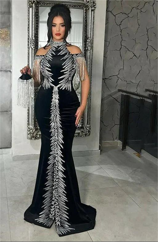 Classic BLack Velour Lace Moroccan caftan Evening Dress Sleeveless High Neck Velvet Prom Dresses Women Party Gowns