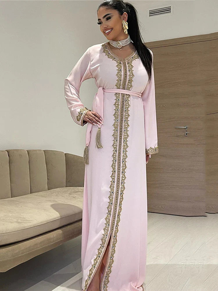 Pink Chiffon Moroccan caftan Evening Dresse Long Sleevees Lace Special Occasion Dress Luxurious Crystal Party Gown Pink