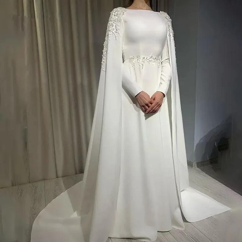 Elegant Arabic Muslim Wedding Dress Cape Long Sleeves A Line O Neck Bride Dress Lace Appliques Sweep Train robe de mariee Ivory