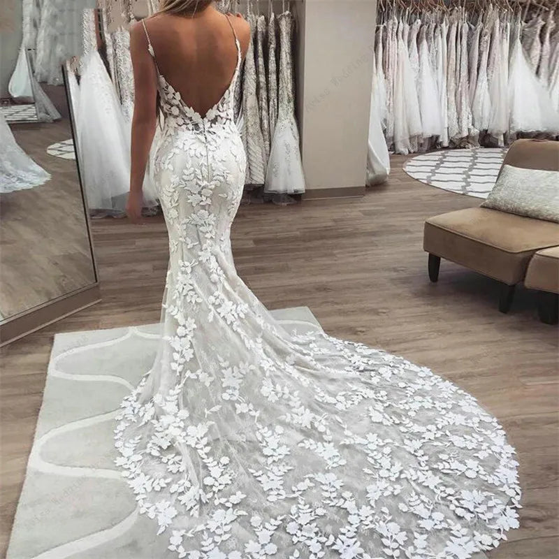 Boho Lace Appliques Wedding Dress Mermaid Bridal Dresses Spaghetti Straps Backless Beach Bridal Gowns Vestido De Noiva Ivory 20W