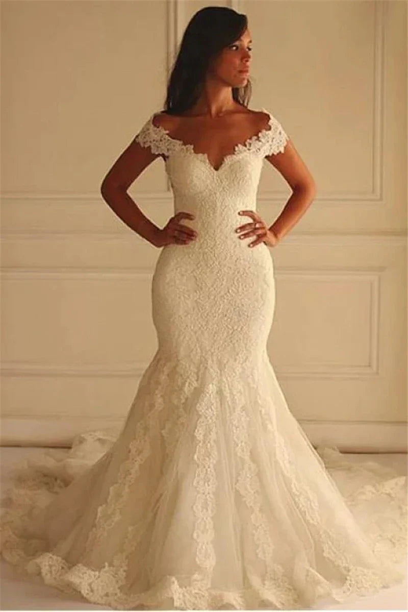 Vintage Full Lace 2022 Ivory Wedding Dresses Mermaid Off The Shoulder Women Bridal Gowns Sweep Train Plus Size Marriage Outfits Custom Made Color