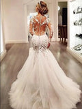 Luxury Lace Mermaid Wedding Dresses Dubai African Arabic V-neck See Through Long Sleeves Appliques Bridal Gown Vestido De Novia