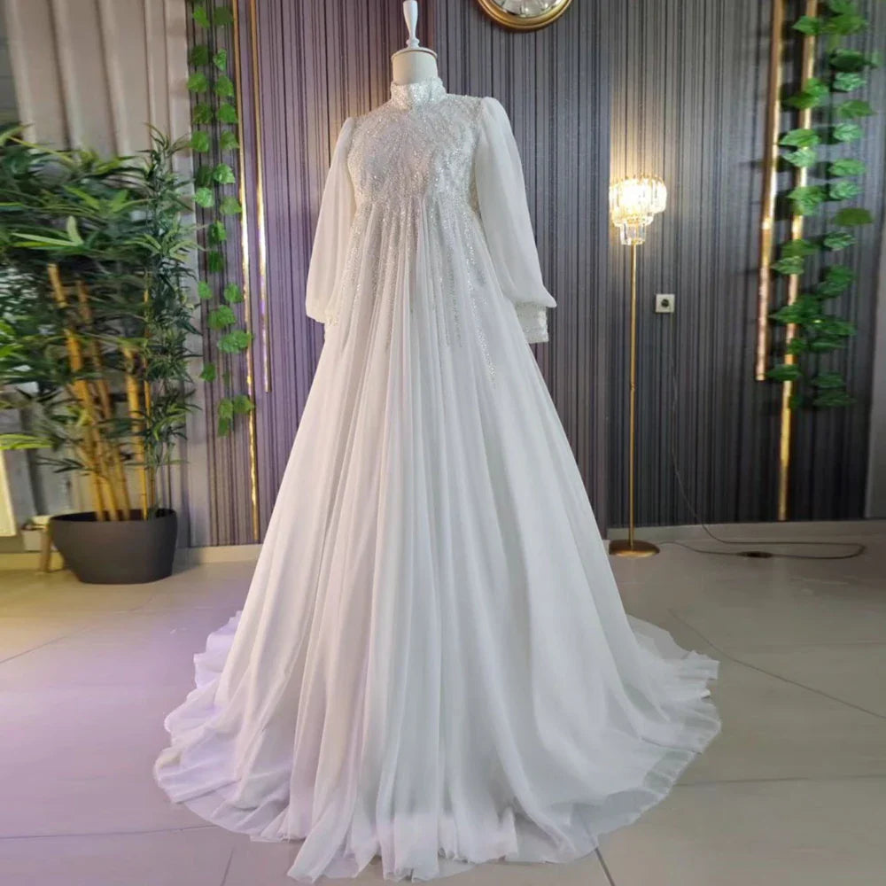 Vestido De Noiva Plus Size Muslim Dubai Wedding Dress High Neck Chiffon A-Line Long Sleeve Bridal Gown for Pregnant Woman Ivory