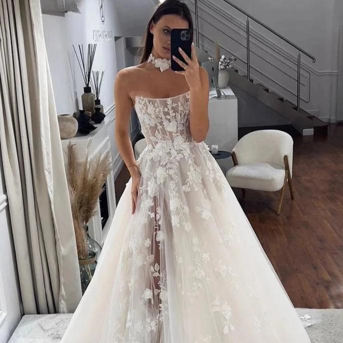 Applique Strapless Sleeveless Bone Wedding Dress For Women Customize To Measures Stunning Lace Appliques Bridal Gowns Bohemian White