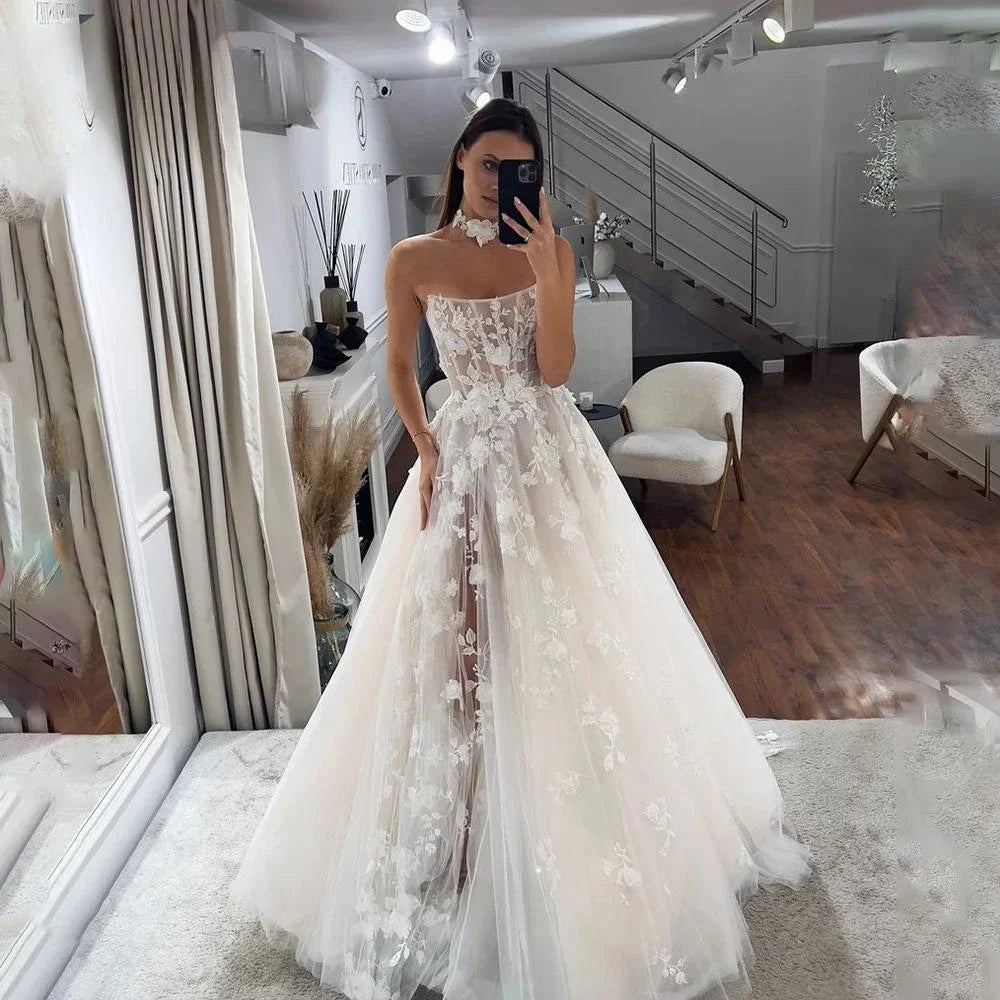 Applique Strapless Sleeveless Bone Wedding Dress For Women Customize To Measures Stunning Lace Appliques Bridal Gowns Bohemian White