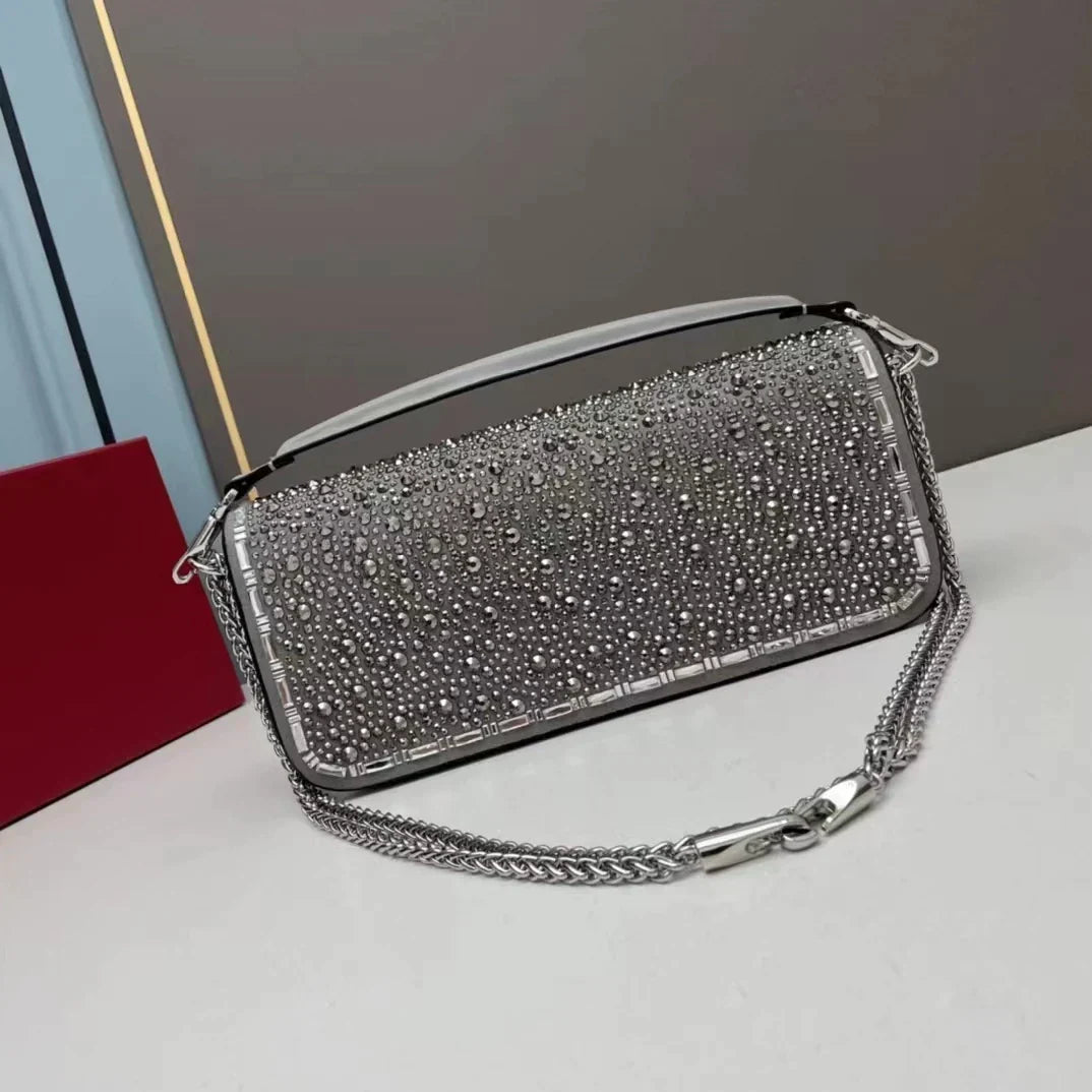 Designer's trendy luxury crystal diamond metal high-tech multi-functional shoulder slung handbag Gray