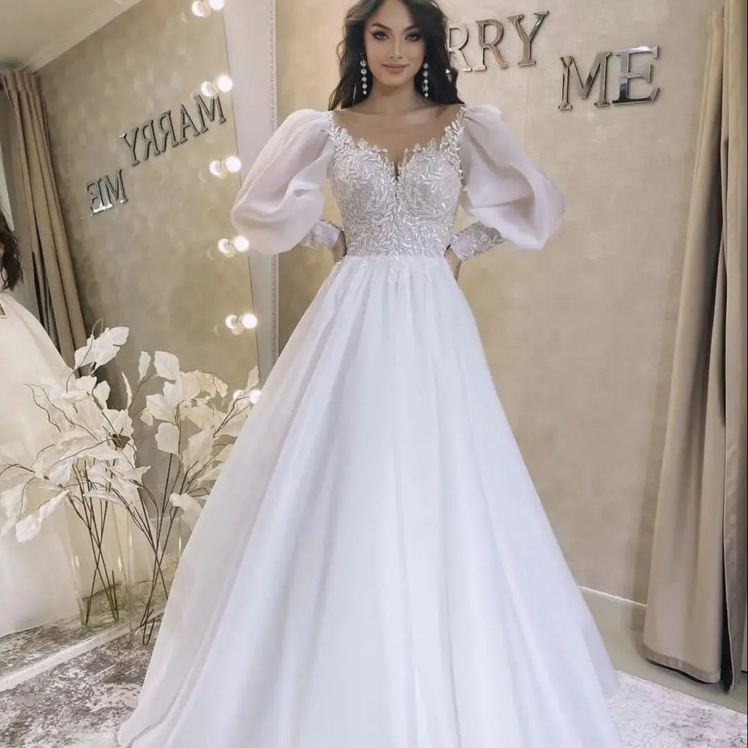 Long Puff Sleeve Wedding Dress A-Line Organza White Lace Appliques For Women Customize To Measures Bridal Gowns Elegant Gorgeous Ivory 22W