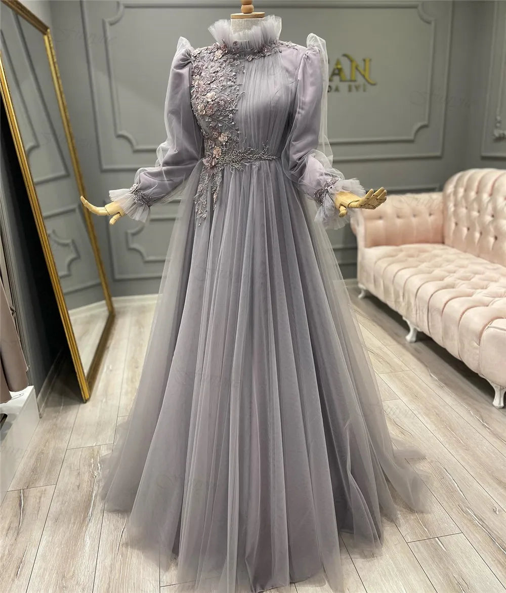 Robes De Soirée A-Line Prom Dresses for Women Arabic Long Sleeves Formal Dress Flowers Beads Muslim Evening Gowns