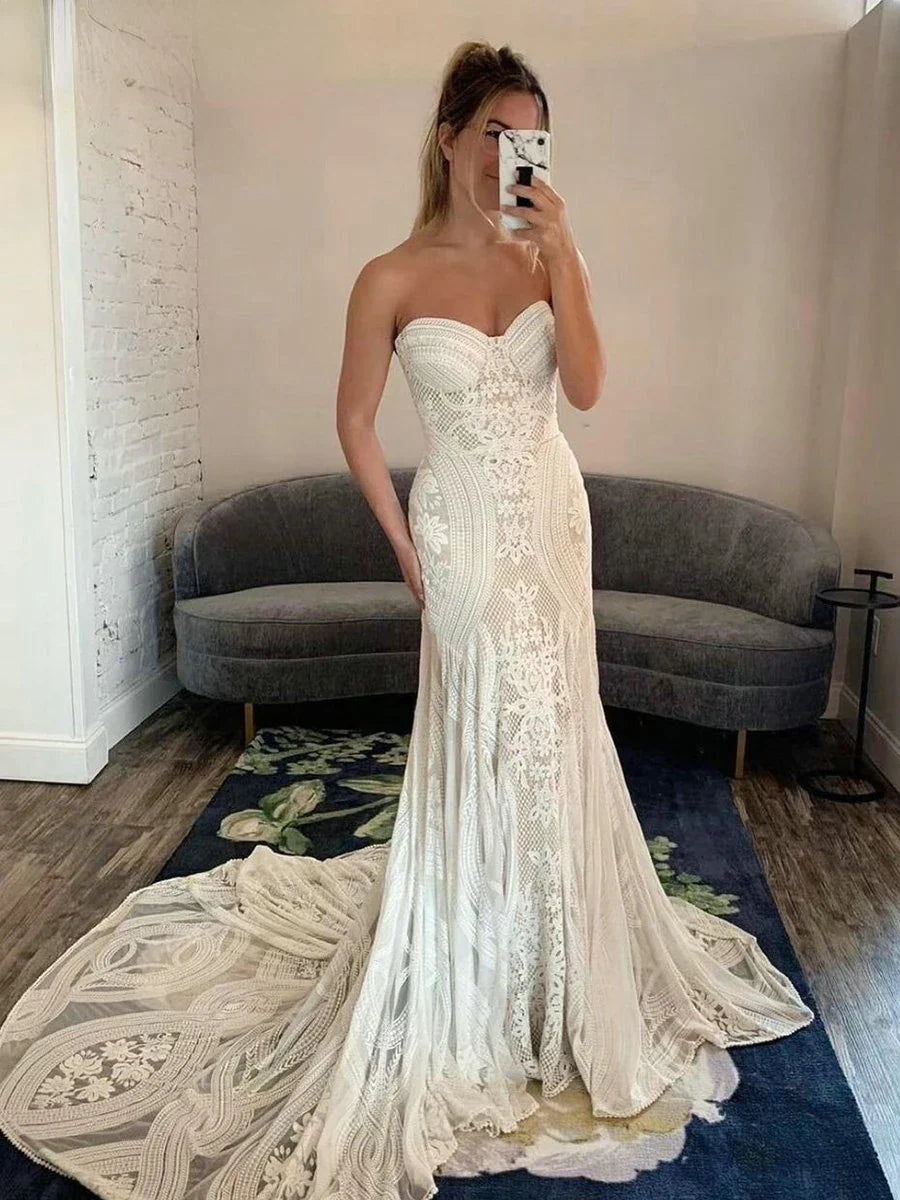 Strapless Sexy Mermaid White Wedding Dress Off The Shoulder Lace Appliques Lace up Back Bridal Gowns For Women Vestido De Novia