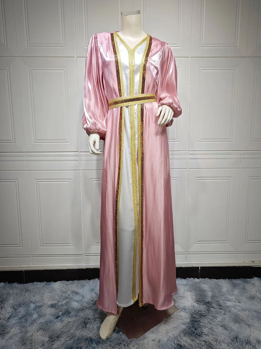 Moroccan Caftan Luxury 2022 Silk Satin Elegant Lantern Sleeve 3pcs Dress Diamonds Abaya Muslim Sets Ramadan Dresses For Women Pink Abaya