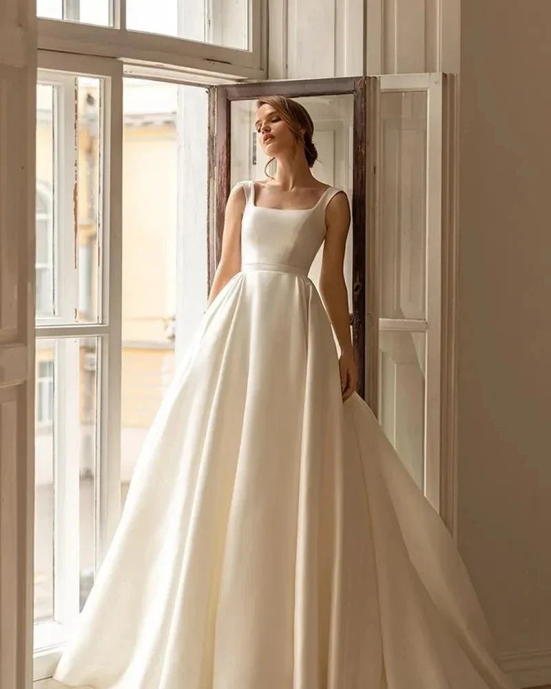 Graceful Satin Wedding Dresses With Detachable Coat Square Collar Bridal Gowns Long Puff Sleeves Vestidos De Novia