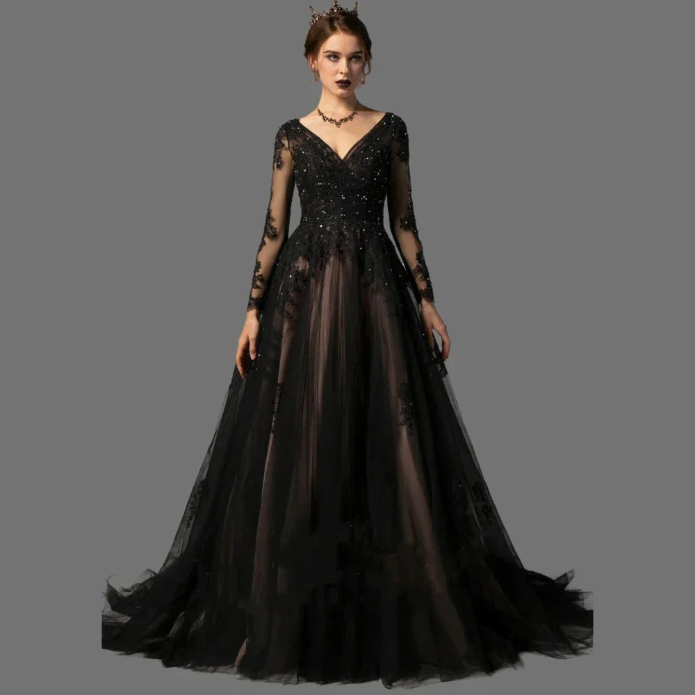 Sparkly Sequin V-Neck Gothic Black Wedding Dresses Full Sleeves 3D Lace Appliques Lace-Up Back Ball Gown Women Party Robe 14W